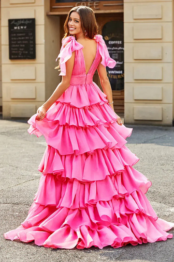 A-Line Princess Deep V Neck Bow Tiered Floor Length Prom Gown With Slit