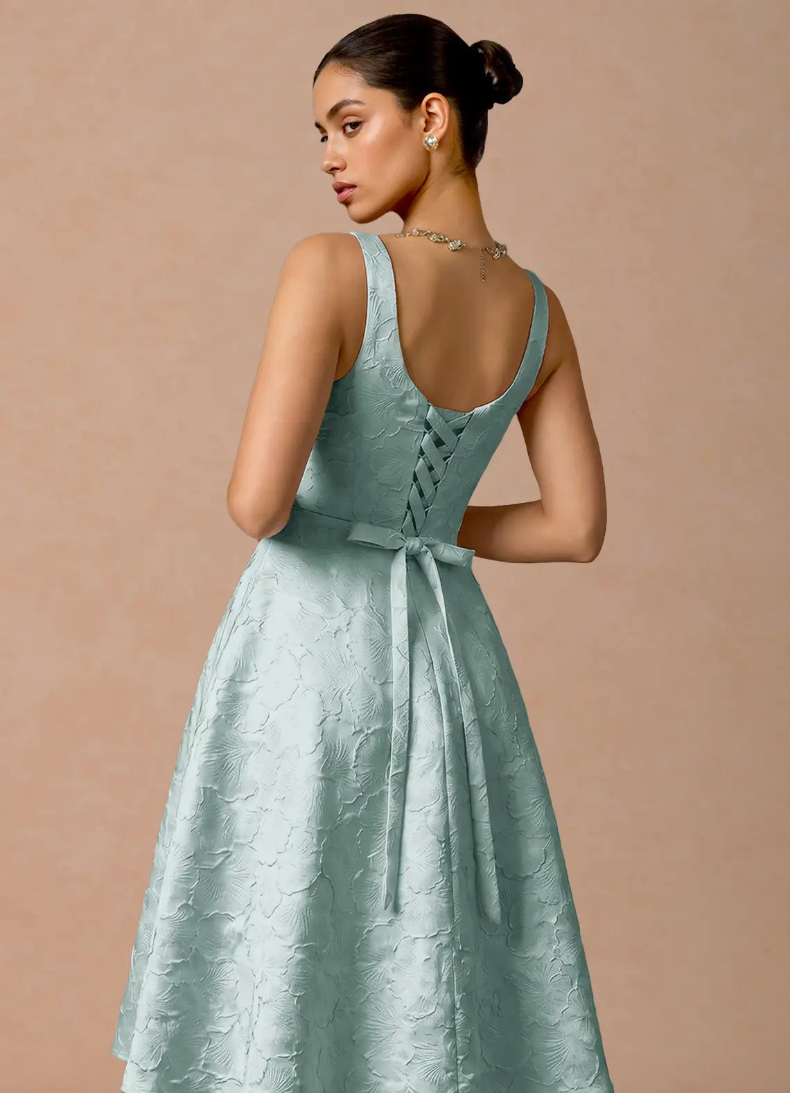 Elegant Flare Square Sleeveless Jacquard Midi Corset Back Pockets Cocktail Dress
