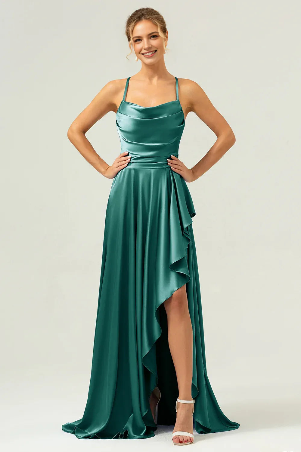 Graceful A-Line Cowl Neck Sleeveless Satin Ruffle Wedding Guest Dress High-Slit Evening Gown