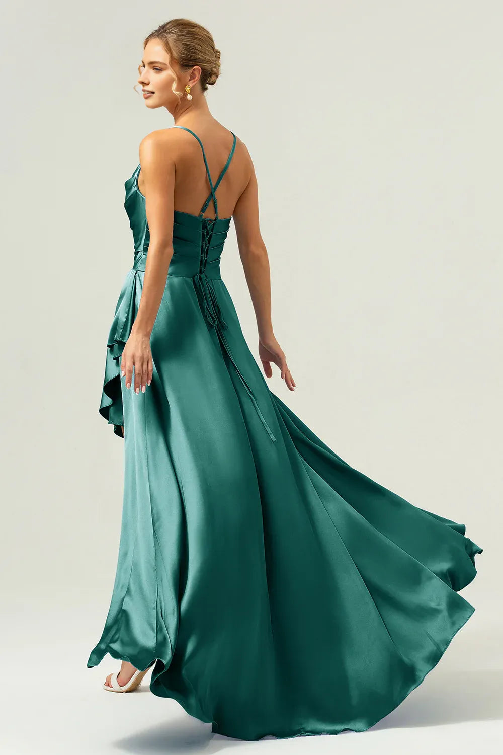 Graceful A-Line Cowl Neck Sleeveless Satin Ruffle Wedding Guest Dress High-Slit Evening Gown