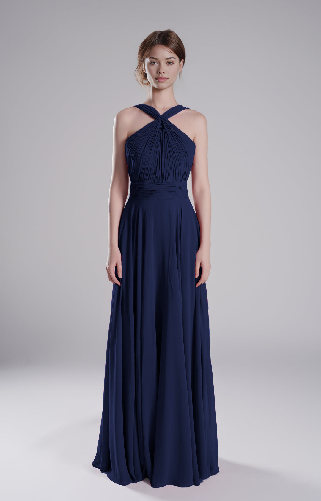 Romantic A-Line Halter Neck Sleeveless Open Back Floor-Length Chiffon Bridesmaid Gown Wedding Guest Dresses
