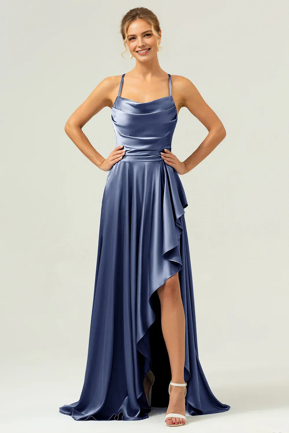 Graceful A-Line Cowl Neck Sleeveless Satin Ruffle Wedding Guest Dress High-Slit Evening Gown