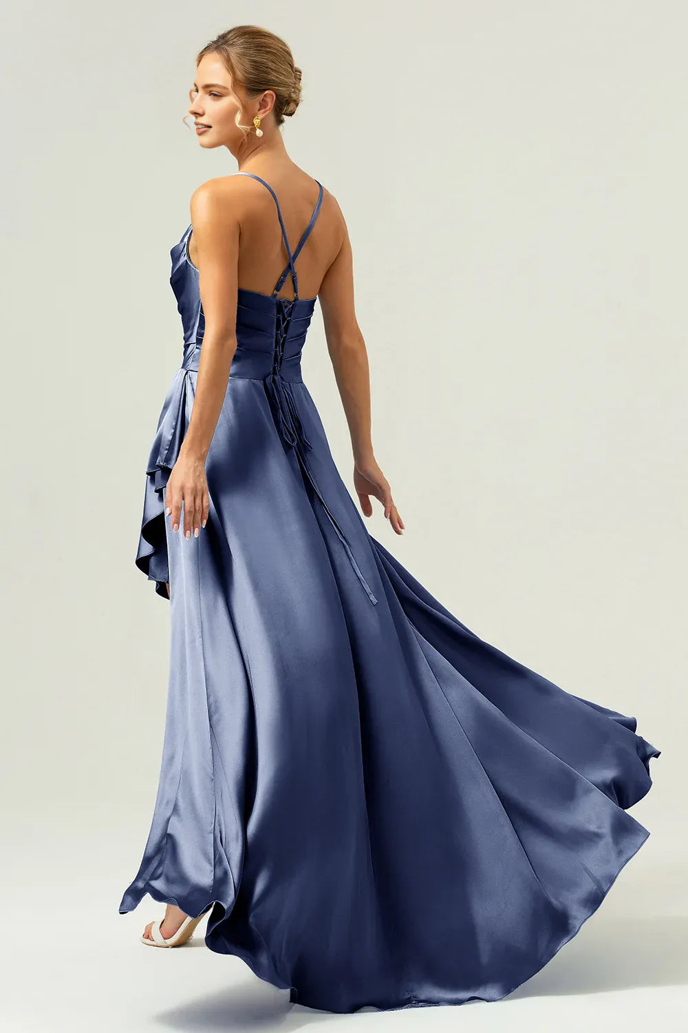 Graceful A-Line Cowl Neck Sleeveless Satin Ruffle Wedding Guest Dress High-Slit Evening Gown