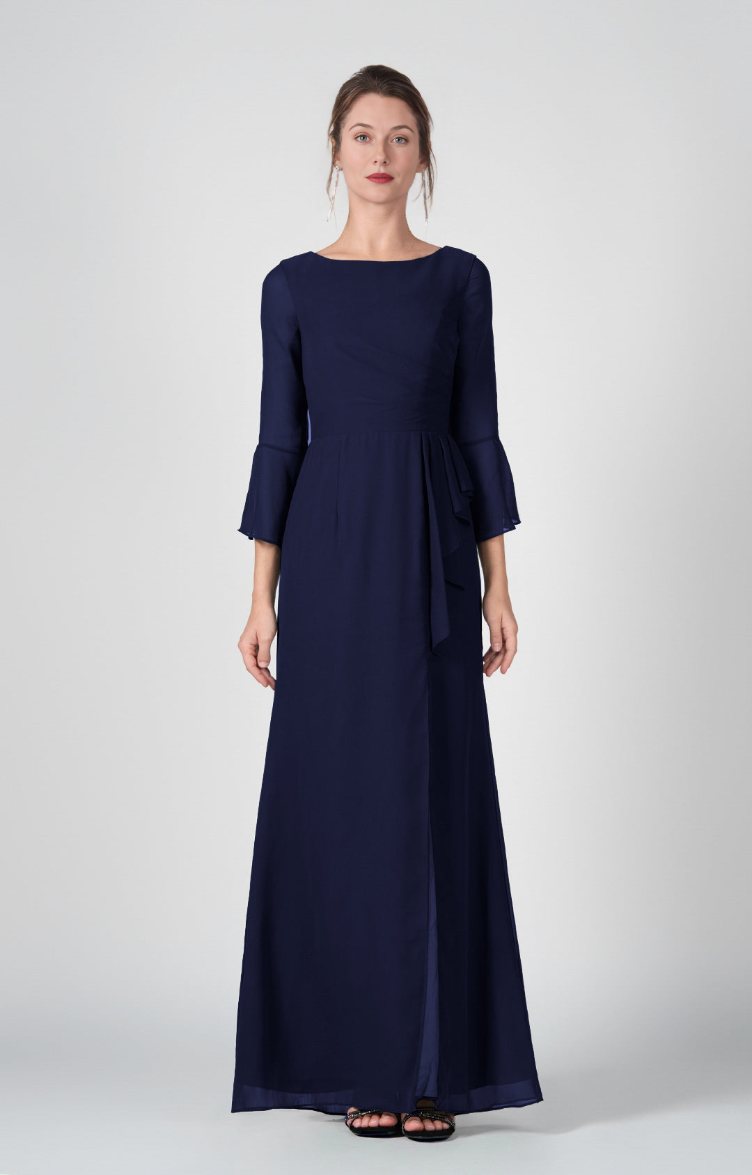 Elegant Sheath Boat Neck Bell Sleeve Open Back Floor-Length Bridesmaid Gown Formal Wedding Guest Dresses