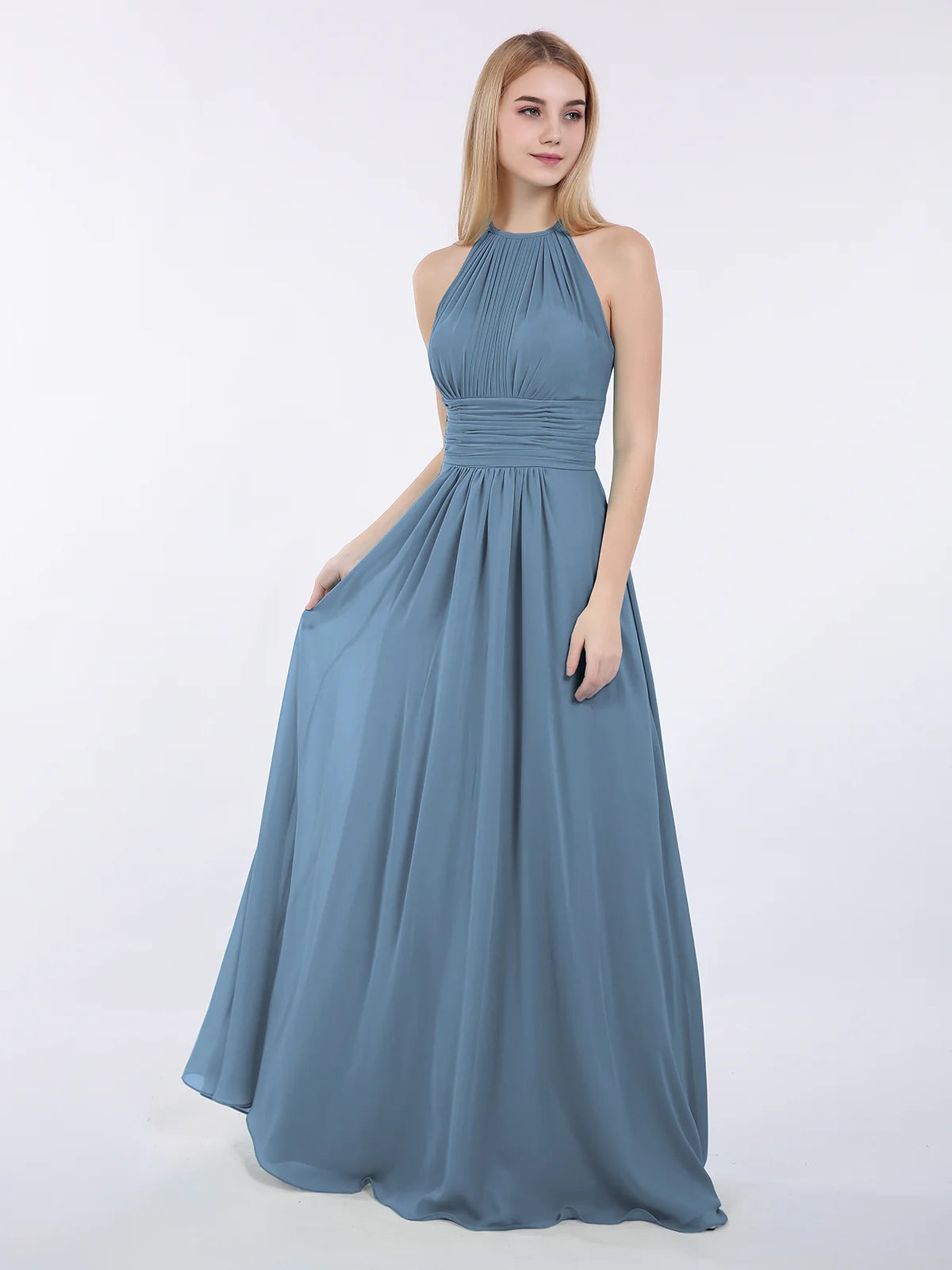 High Neck Halter Pleated Ruched Chiffon Bridesmaid Maxi Dress with Open Back & Pockets