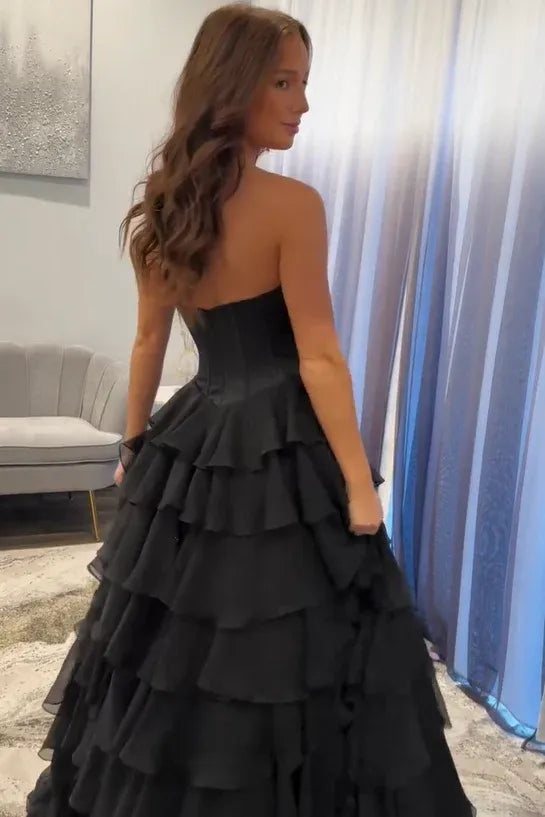 Dramatic Black Strapless Corset Tiered Ruffle Prom Gown