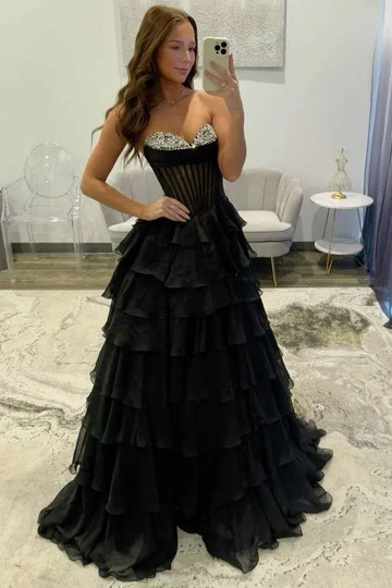 Dramatic Black Strapless Corset Tiered Ruffle Prom Gown