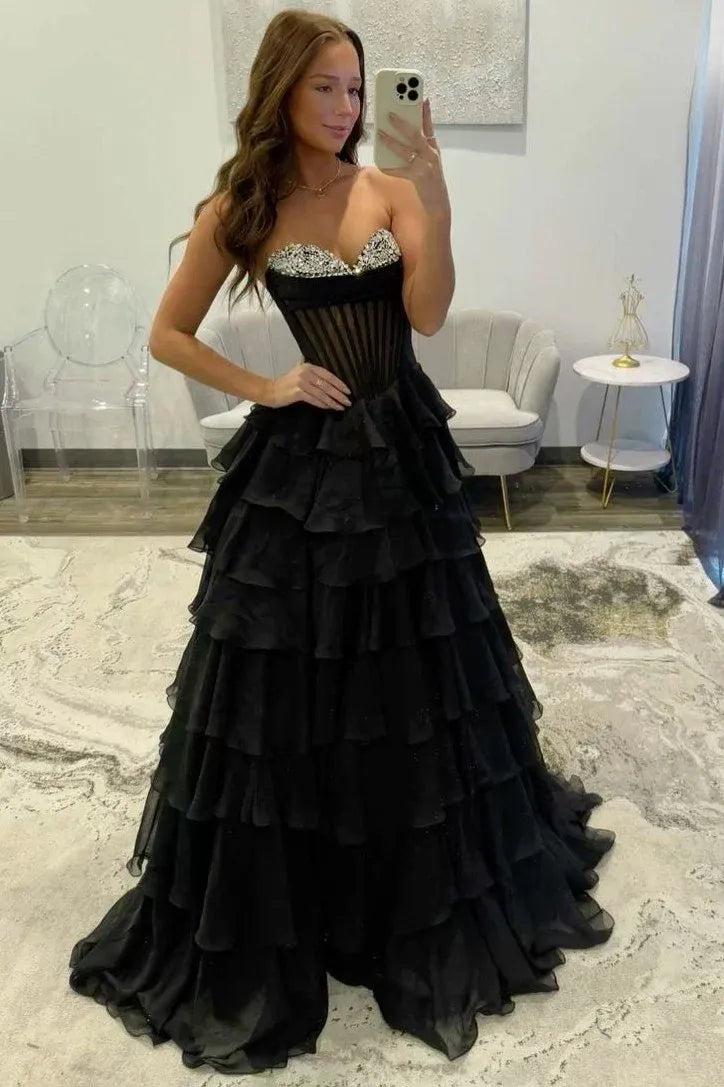 Dramatic Black Strapless Corset Tiered Ruffle Prom Gown