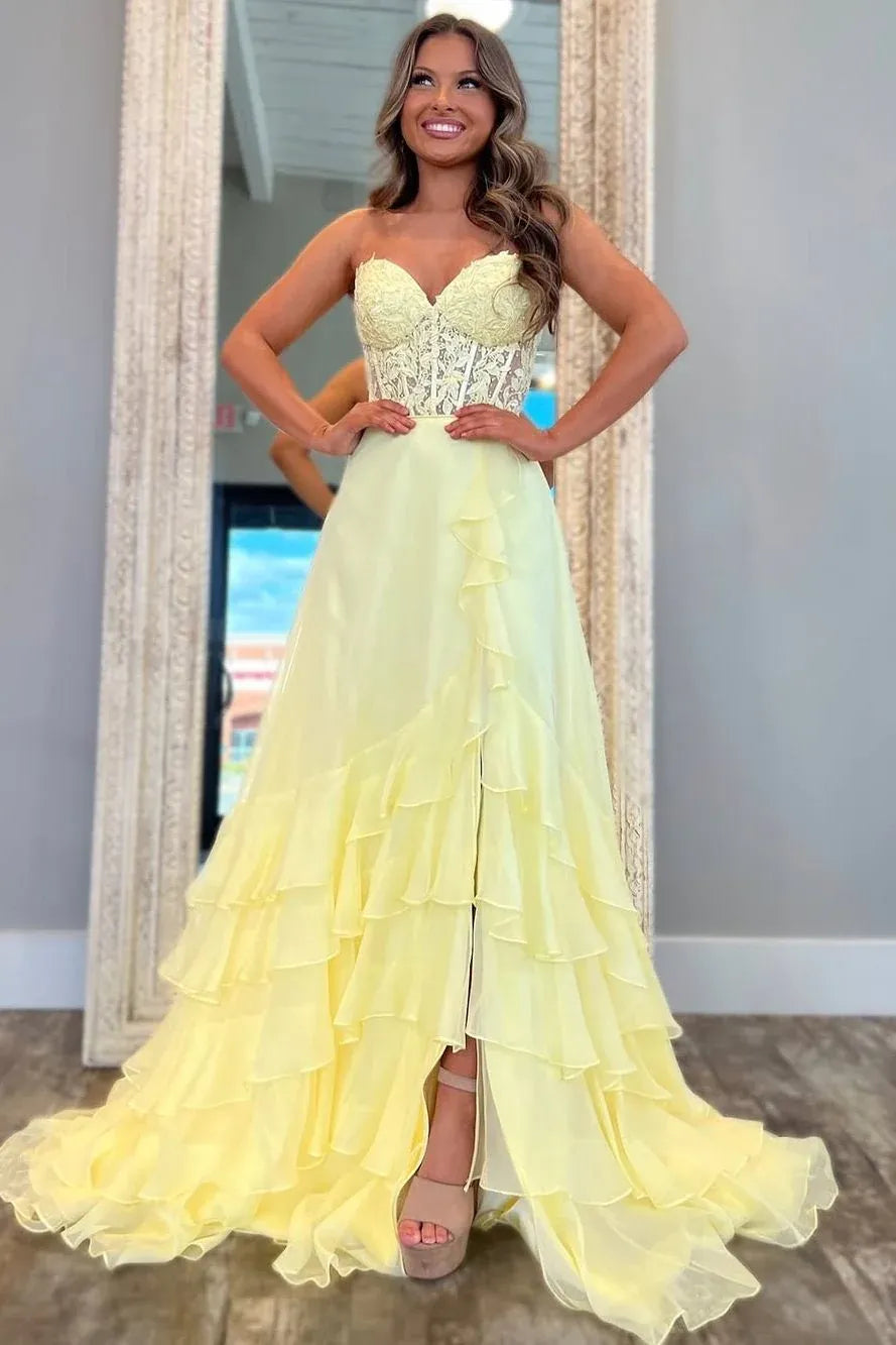 Dreamy Light Blue Lace Ruffle Slit Prom Gown