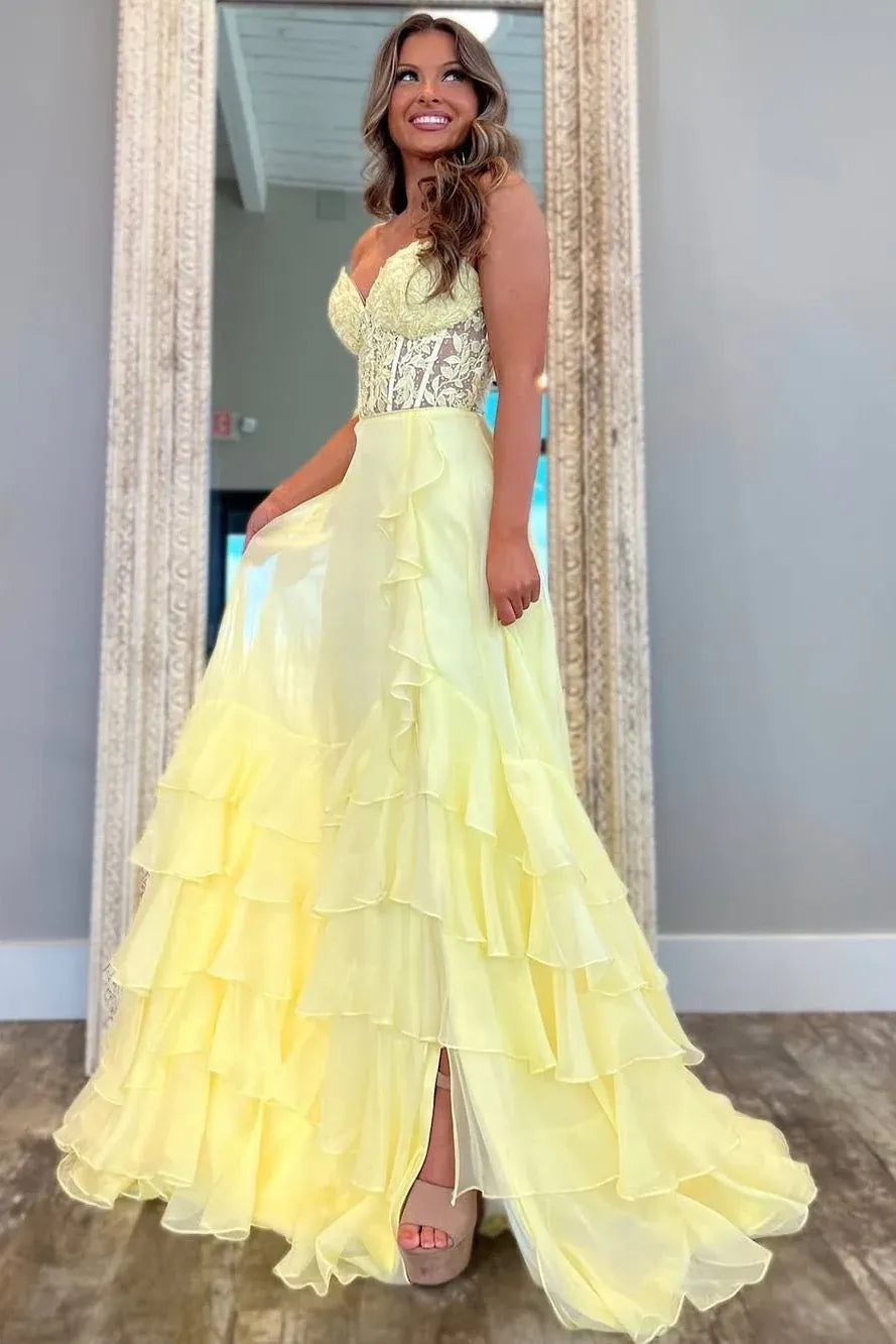 Dreamy Light Blue Lace Ruffle Slit Prom Gown