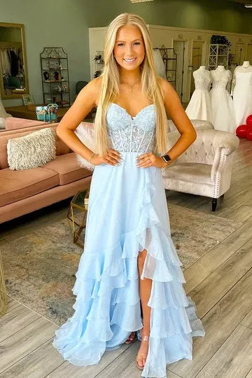 Dreamy Light Blue Lace Ruffle Slit Prom Gown