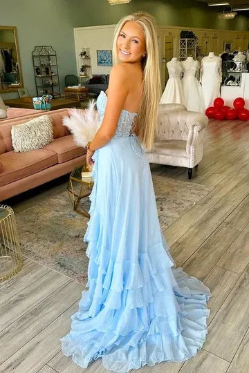 Dreamy Light Blue Lace Ruffle Slit Prom Gown
