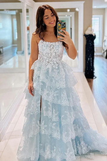 Dreamy Light Blue Strapless Lace Tiered Ruffle Prom Gown