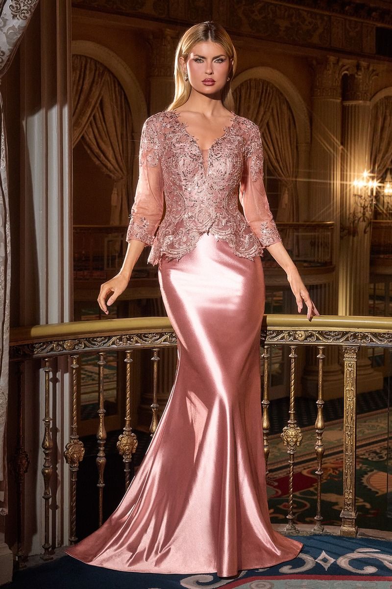 Elegant Dusty Rose Formal Gown Embroidered Overlay & Flowing Train Timeless Evening Elegance
