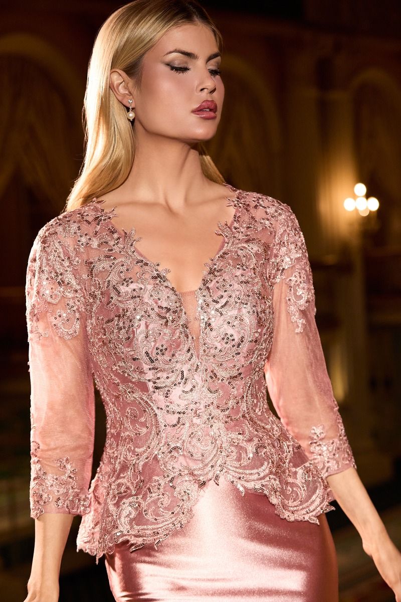 Elegant Dusty Rose Formal Gown Embroidered Overlay & Flowing Train Timeless Evening Elegance