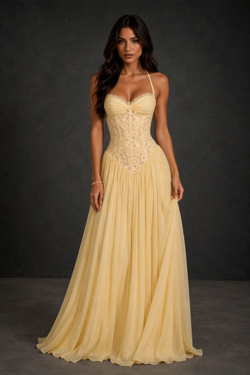 Romantic A-Line Sweetheart Halter Lace-Up Back Floor-Length Prom Dress