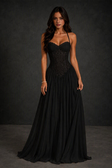Romantic A-Line Sweetheart Halter Lace-Up Back Floor-Length Prom Dress