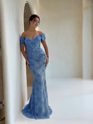 Dusty blue off-shoulder lace wedding guest dress with floral appliqué and floor-length mermaid silhouette by Vedress