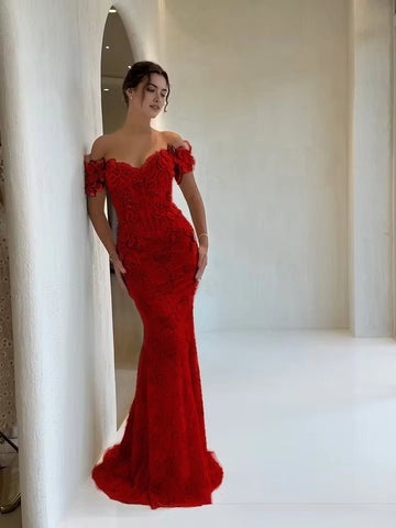 Romantic Mermaid Off Shoulder Lace Short Sleeve Lace-Up Floor-Length Wedding Guest Dress