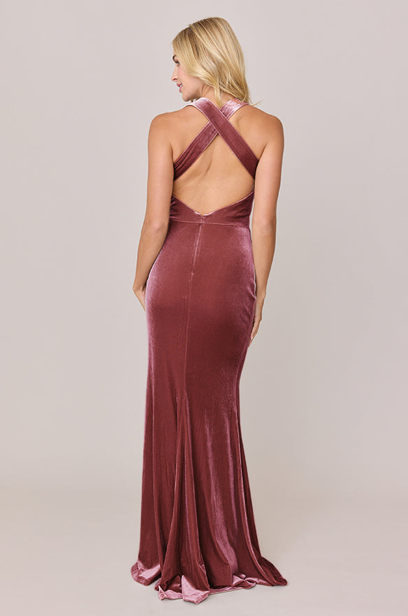 Elegant Velvet Bridesmaid Dress Collection with Crisscross Back and V-Neck High-Slit Styles