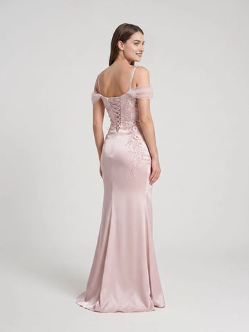 Dusty pink satin mermaid long bridesmaid dress with sweetheart neck off‑shoulder tulle sleeves floral appliques lace‑up back from Vedress