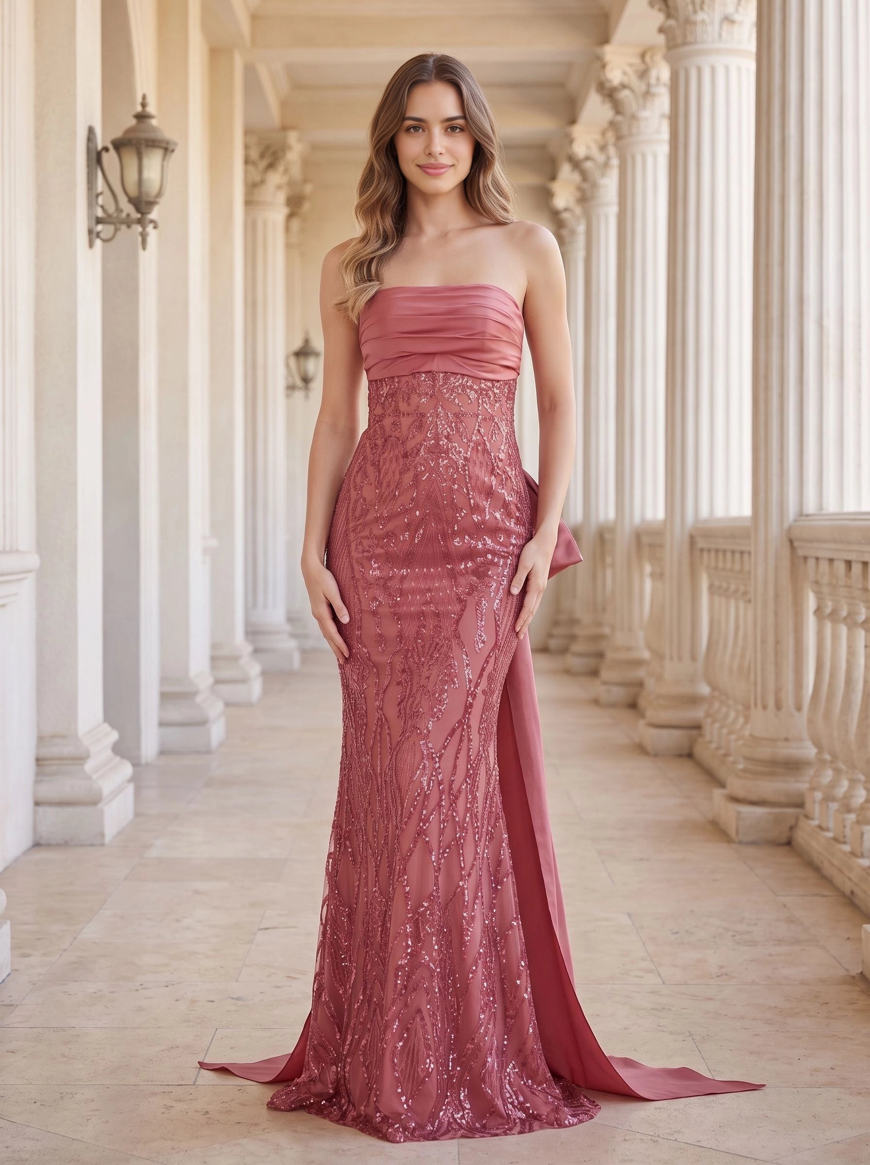 Dusty rose mermaid long evening gown strapless ruched bodice geometric sequin embroidery large satin bow at back flowing overskirt train formal mother of bride dress by Vedress