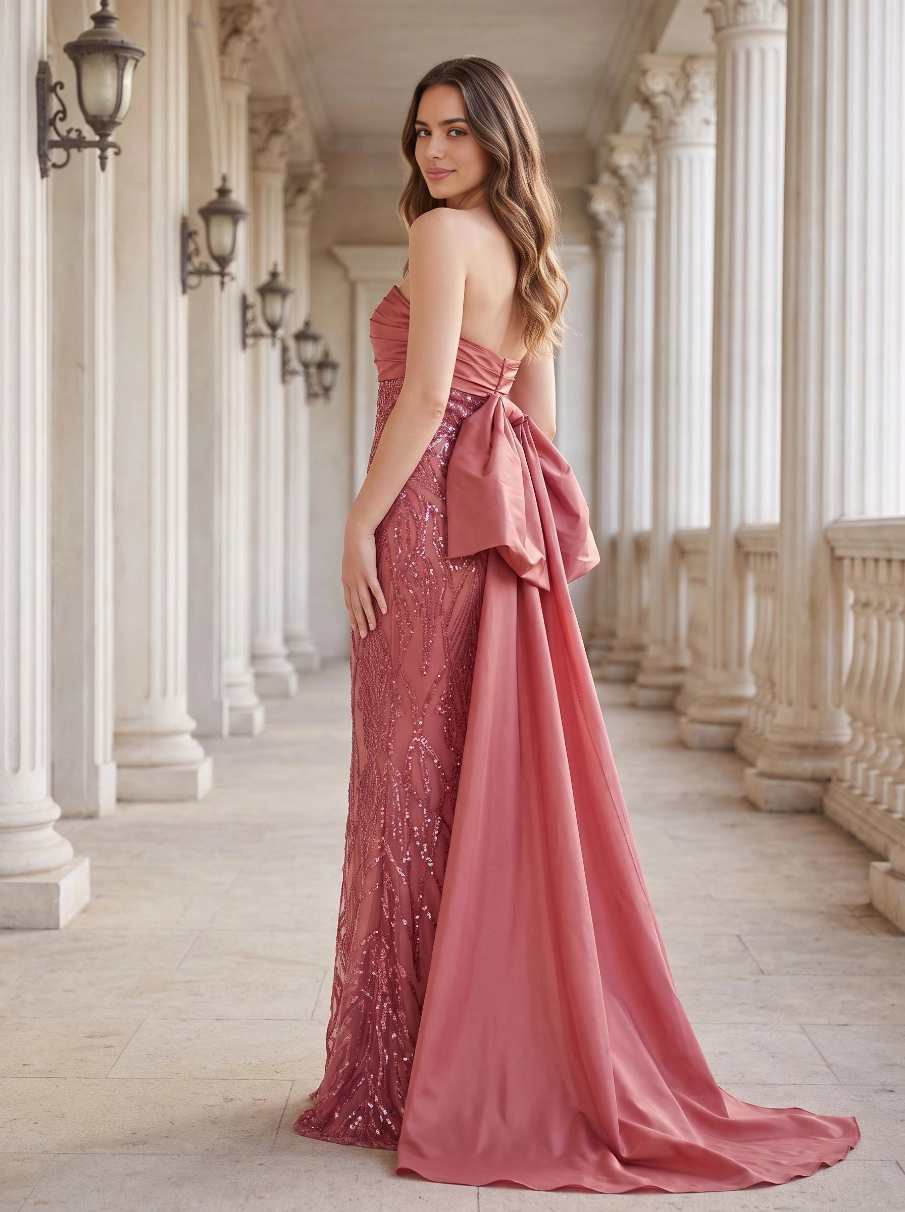 Dusty rose mermaid long evening gown strapless ruched bodice geometric sequin embroidery large satin bow at back flowing overskirt train formal mother of bride dress by Vedress