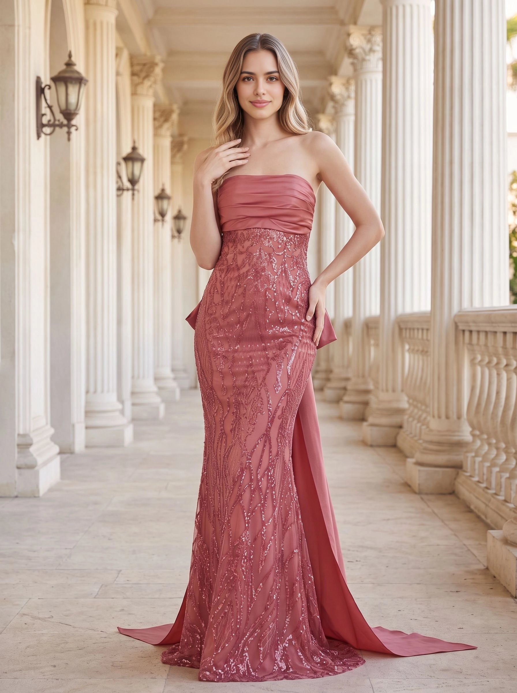 Dusty‑Rose Mermaid Strapless Bow‑Back Train Long Evening Gown