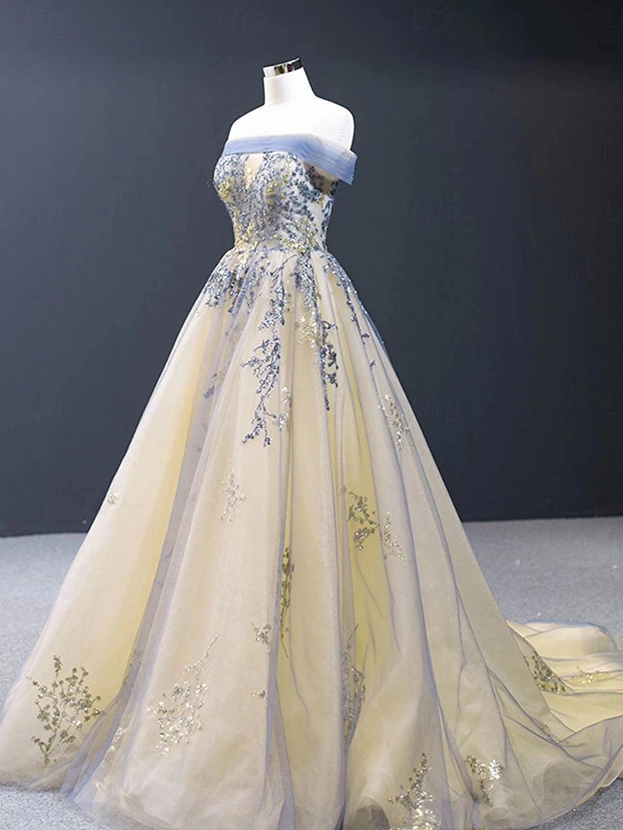 Tulle Ballgown Off Shoulder Sleeveless Lace Up Back Train Prom Dress