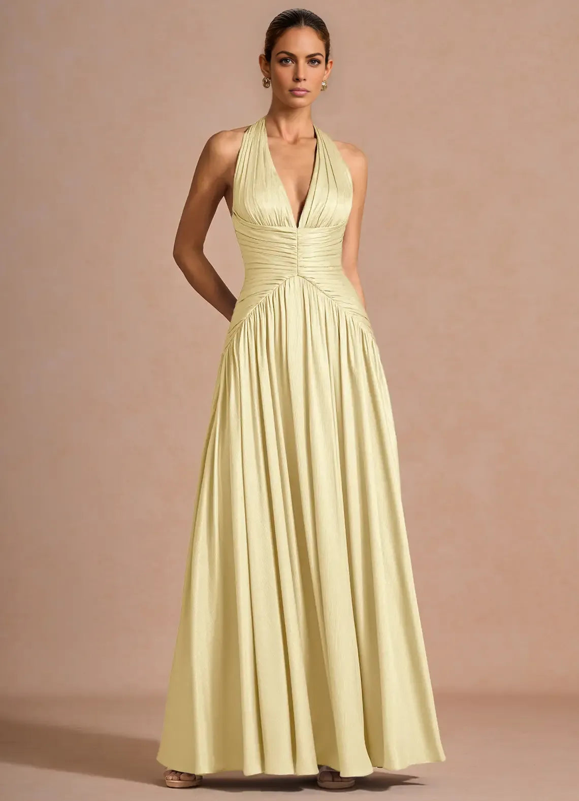 Elegant A-line Halter Sleeveless Maxi Lace-up Slit Formal Wedding Guest Dress
