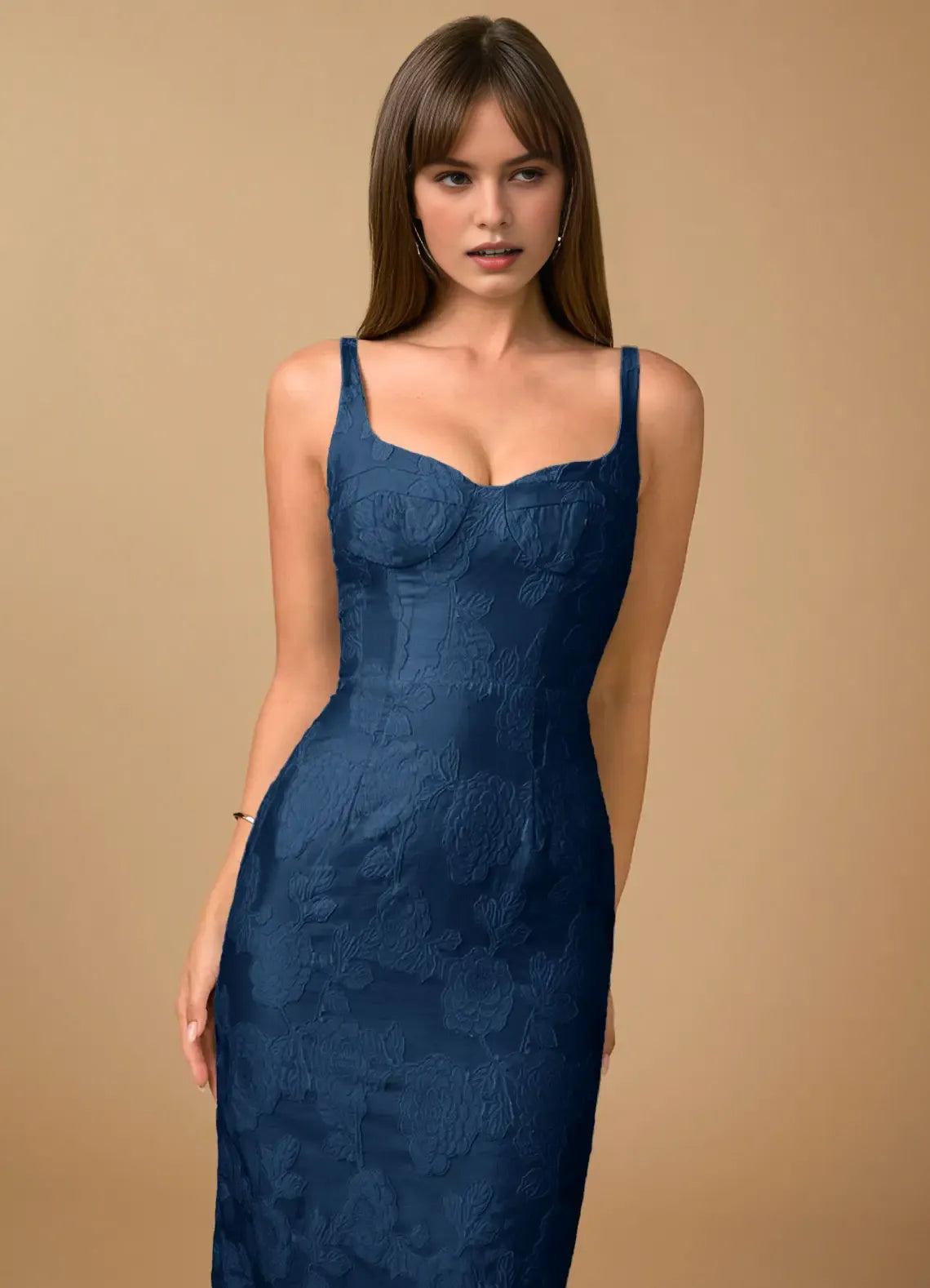 Sleek Sheath Mermaid Spaghetti Strap Jacquard Midi Back Slit Formal Evening Dress