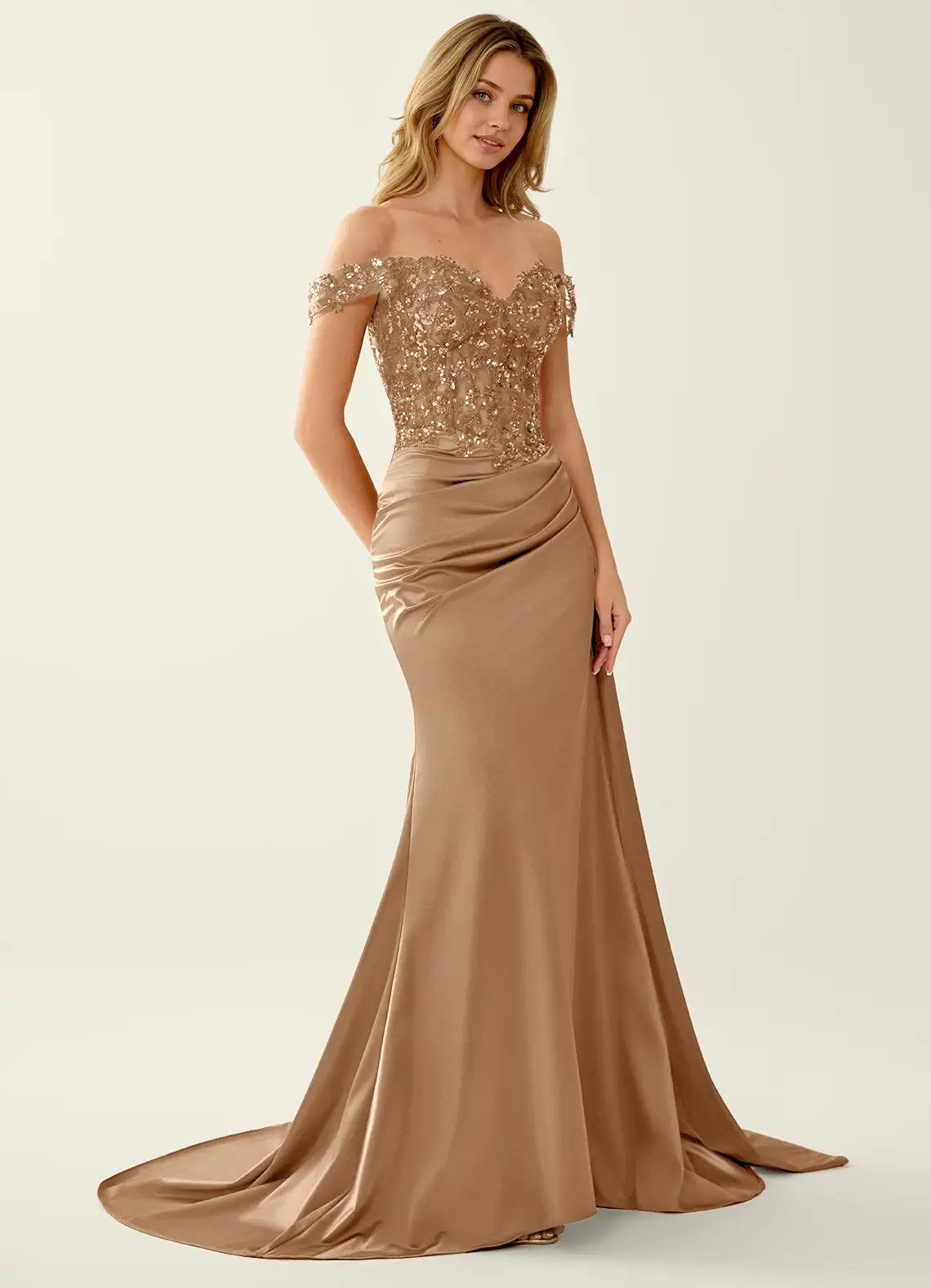 Glamorous Mermaid Sweetheart Off Shoulder Lace Satin Floor Length Prom Dress