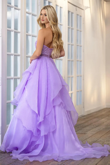 Dreamy A-Line Strapless Beaded Bodice Tulle Prom Dress Tiered Ruffle Gown