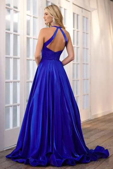 Elegant A-Line Halter Deep V Sleeveless Satin Ruched Open Back Prom Dress Formal Gown