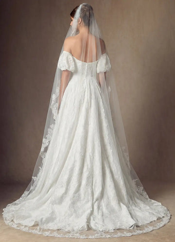 Ethereal Sheer Tulle Scalloped Floral Lace Cathedral Bridal Wedding Veil