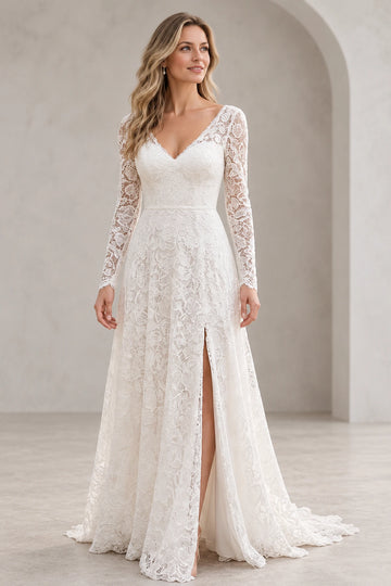 Vedress floral lace A-line wedding dress with a V-neck, sheer long sleeves, narrow waist trim and front slit, front view
