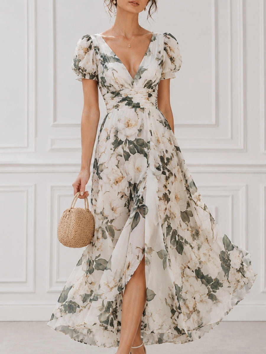 Floral A-line V-neck Puff Sleeve Low Back Midi Bridesmaid Dress