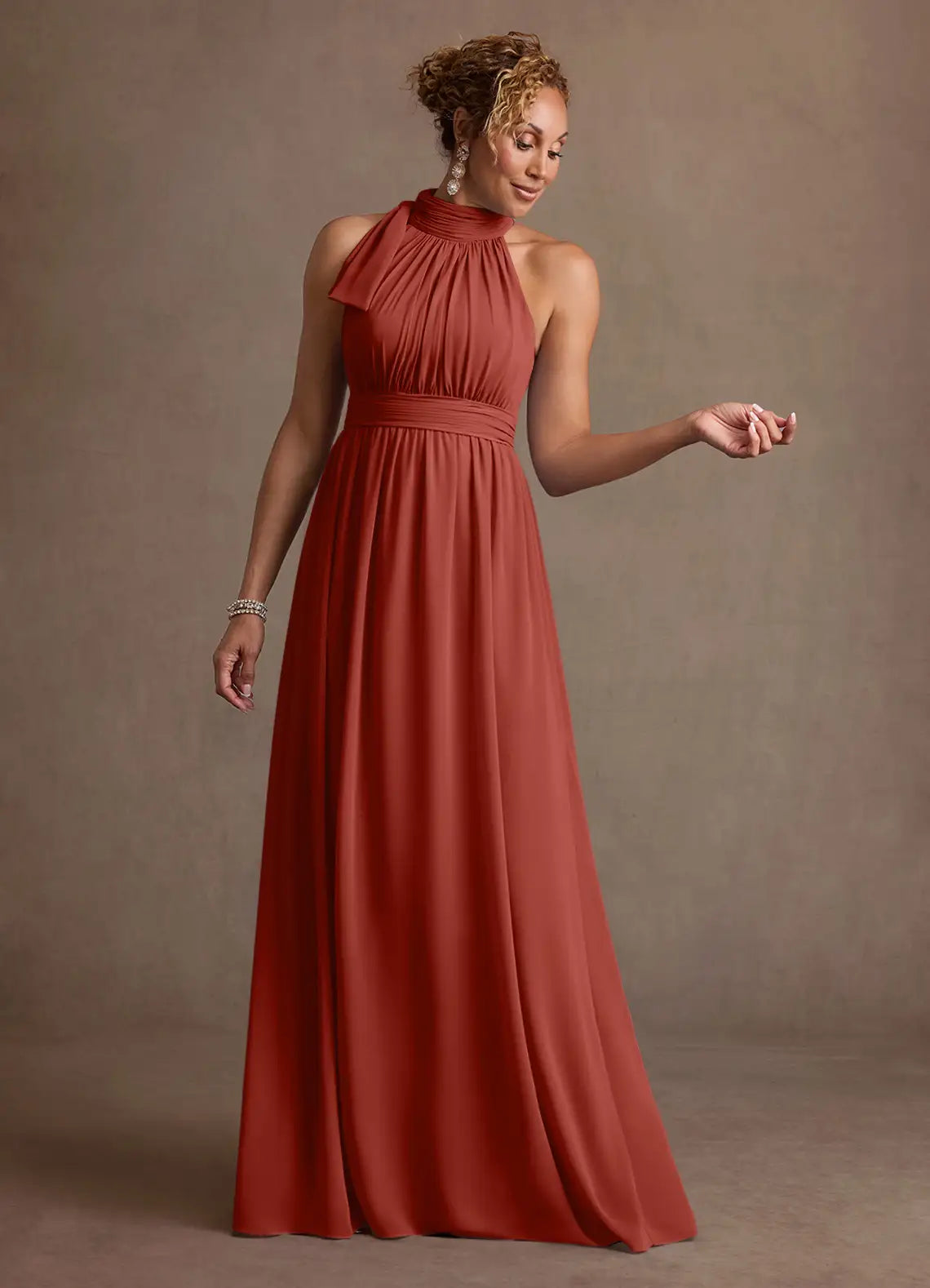 Sophisticated A-line Halter-neck Sleeveless Chiffon Floor-length Ruched-bodice Bow-neck Evening Gown