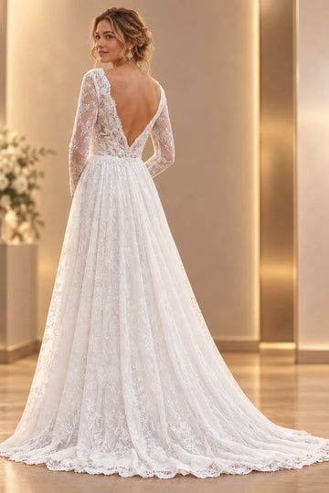 Vedress long sleeve lace wedding dress with a deep V-back, sheer lace panels and a sweeping scalloped lace train, back view