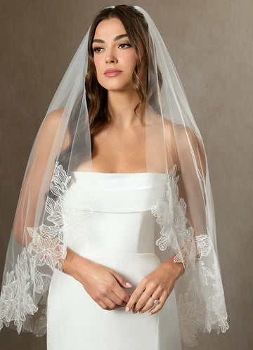 Elegant Sheer Tulle Oversized Floral Lace Fingertip Bridal Wedding Veil