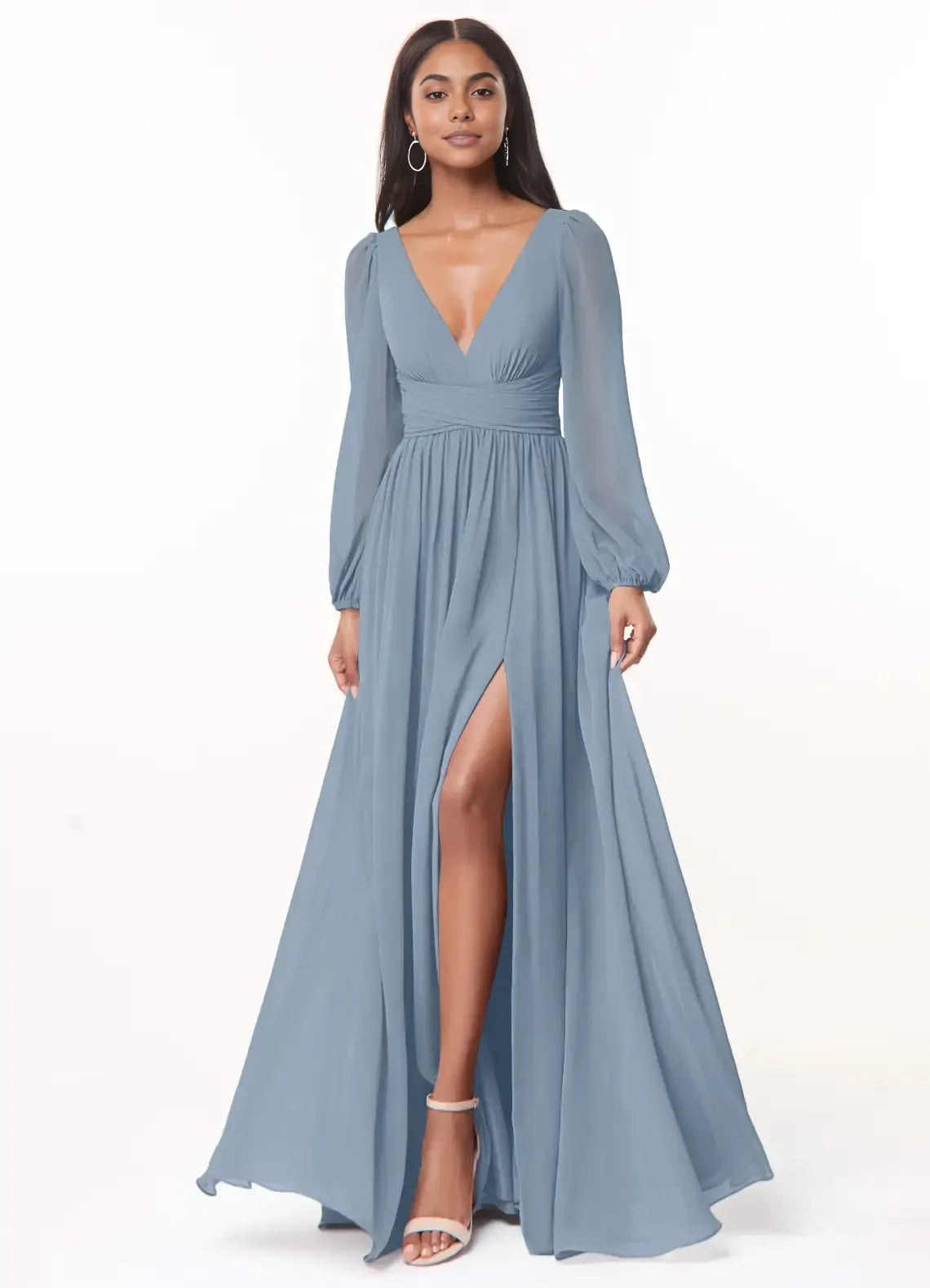 A-Line/Princess Chiffon Plunging Neck Long Sleeves Bridesmaid Dresses Wedding Guest Dresses With Slit