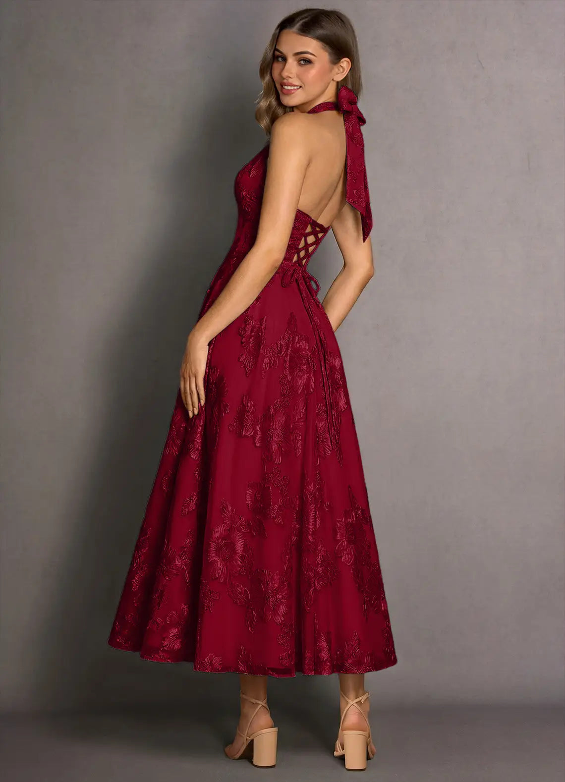 Romantic A-line Halter Sleeveless Lace Midi Lace-up Back Wedding Guest Dress