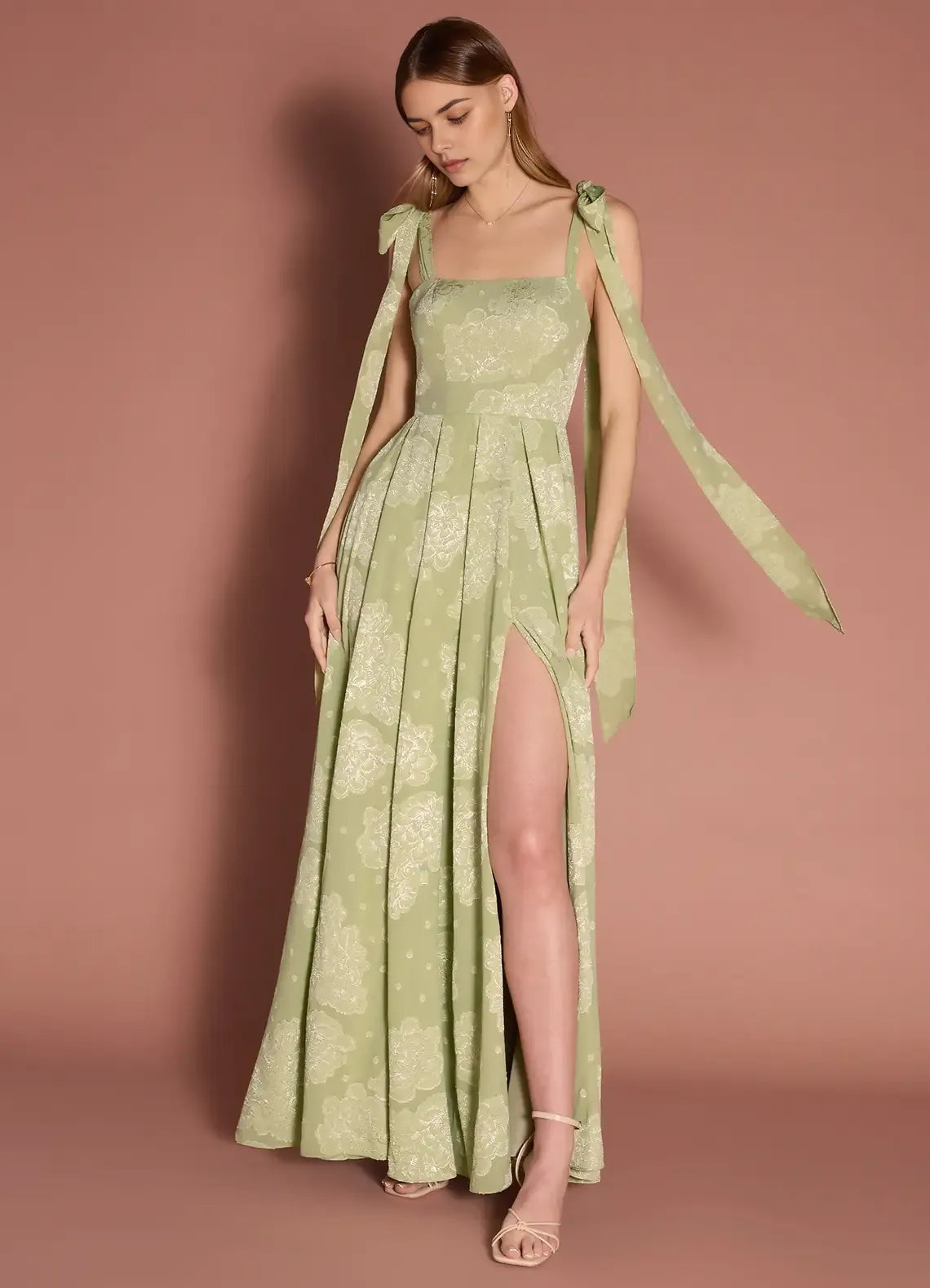 Elegant A-line Square Neck Sleeveless Jacquard Maxi Tie Slit Wedding Guest Dress