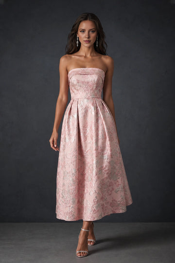 Blush pink floral midi Wedding Guest Dress with strapless neckline and A-line skirt front view