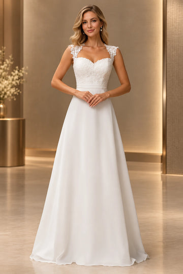 Vedress A-line chiffon wedding dress with a sweetheart lace bodice, floral cap sleeves, pleated waistband and a floor-length skirt.