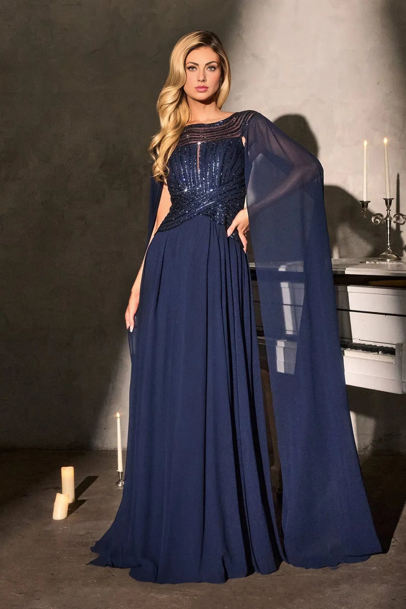 Elegant A-Line Bateau Neck Cape Sleeve Chiffon Evening Dress Beaded Mother-of-the-Bride Gown