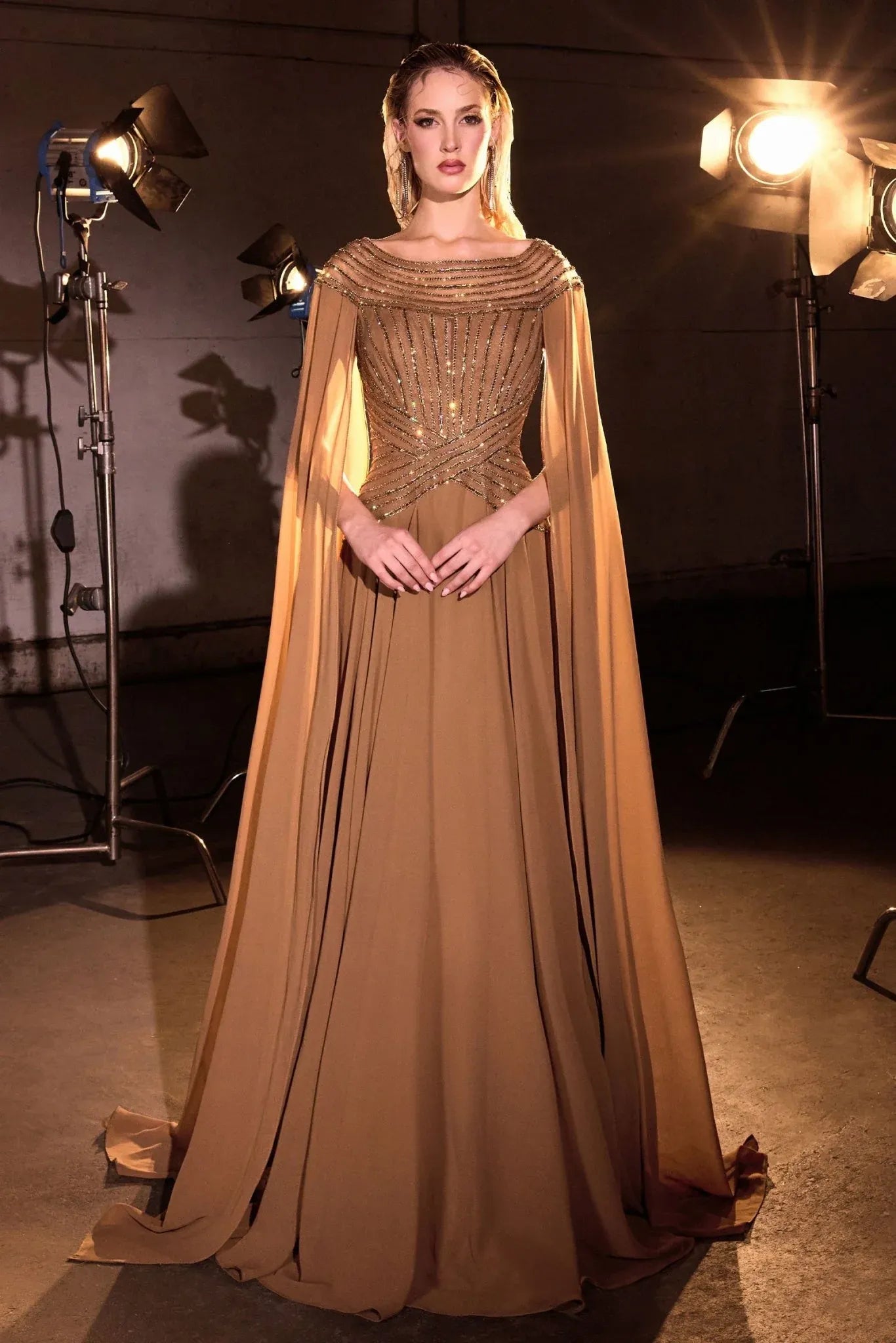 Elegant A-Line Bateau Neck Cape Sleeve Chiffon Evening Dress Beaded Mother-of-the-Bride Gown