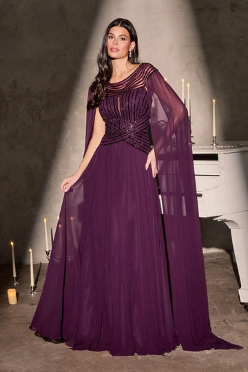 Elegant A-Line Bateau Neck Cape Sleeve Chiffon Evening Dress Beaded Mother-of-the-Bride Gown