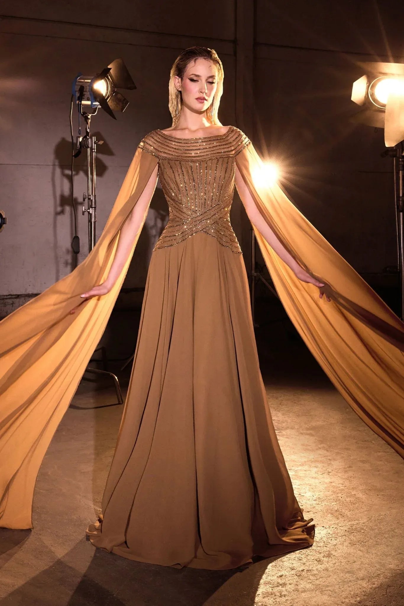 Elegant A-Line Bateau Neck Cape Sleeve Chiffon Evening Dress Beaded Mother-of-the-Bride Gown