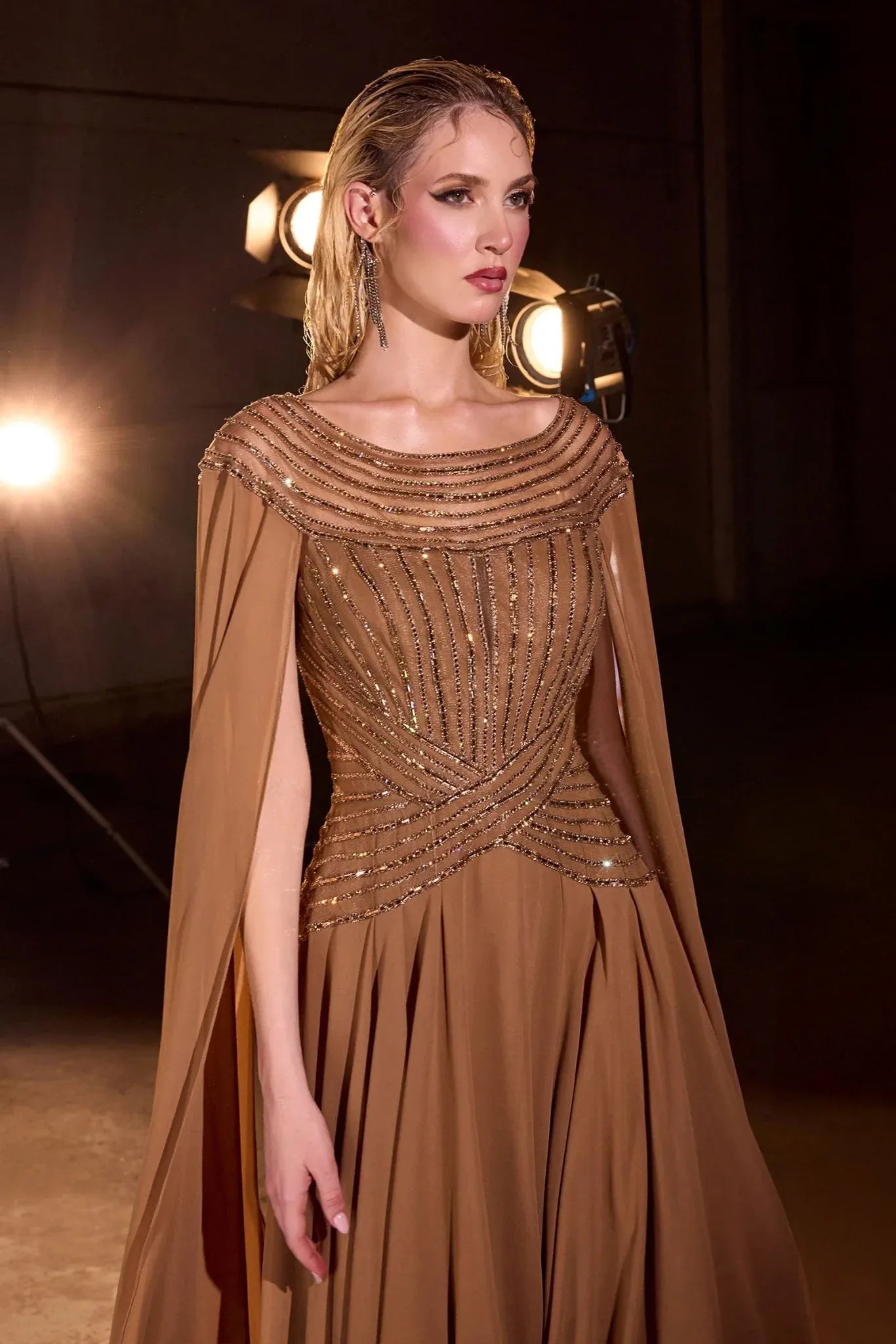 Elegant A-Line Bateau Neck Cape Sleeve Chiffon Evening Dress Beaded Mother-of-the-Bride Gown